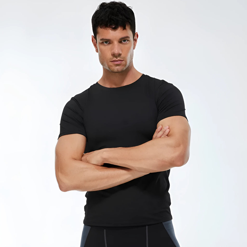 Men's solid colour short-sleeved athletic shirt in stretch quick-dry polyester fabric