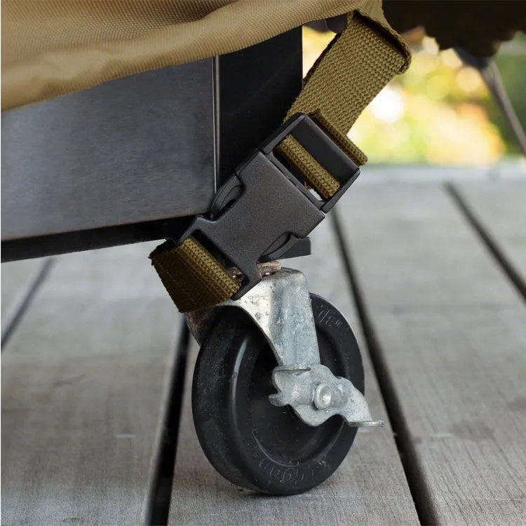 Beige Nordic-style polyester outdoor barbecue cover shown over a garden oven