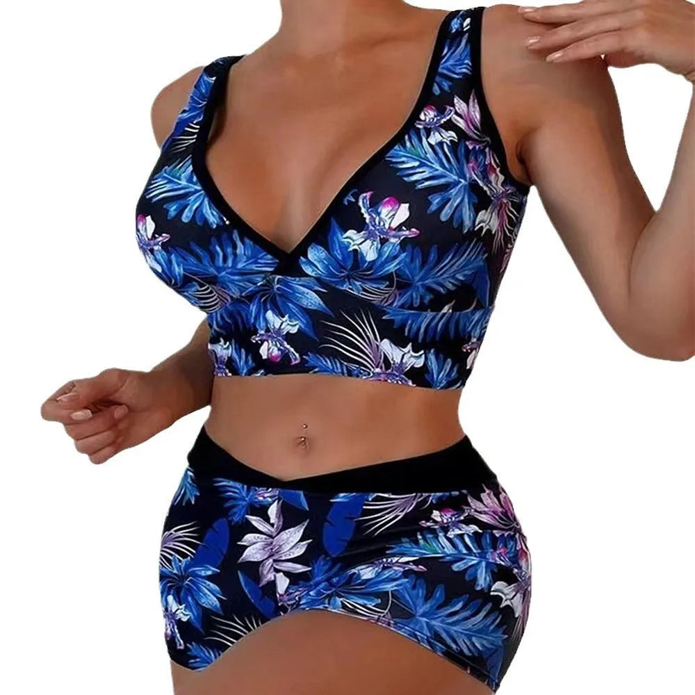 Women's two-piece swimsuit with printed boxer briefs and sleeveless top in polyester fabric