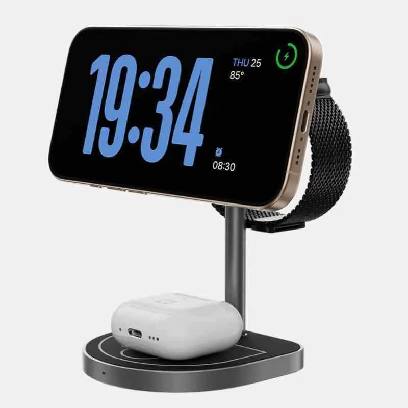 Three-in-one magnetic wireless charger with aluminium alloy body in black, red blue, or silver grey colour options.