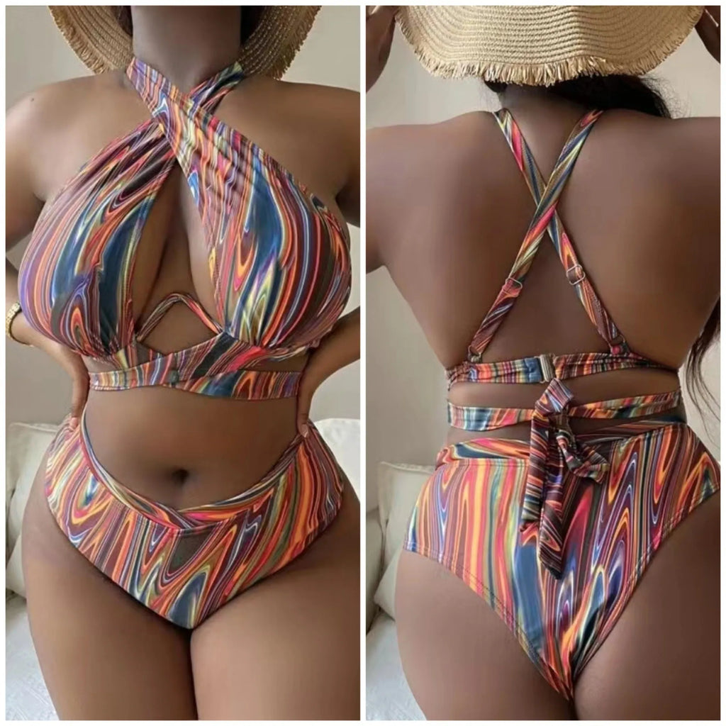 Women's plus size floral high waist bikini swimsuit in picture colour.