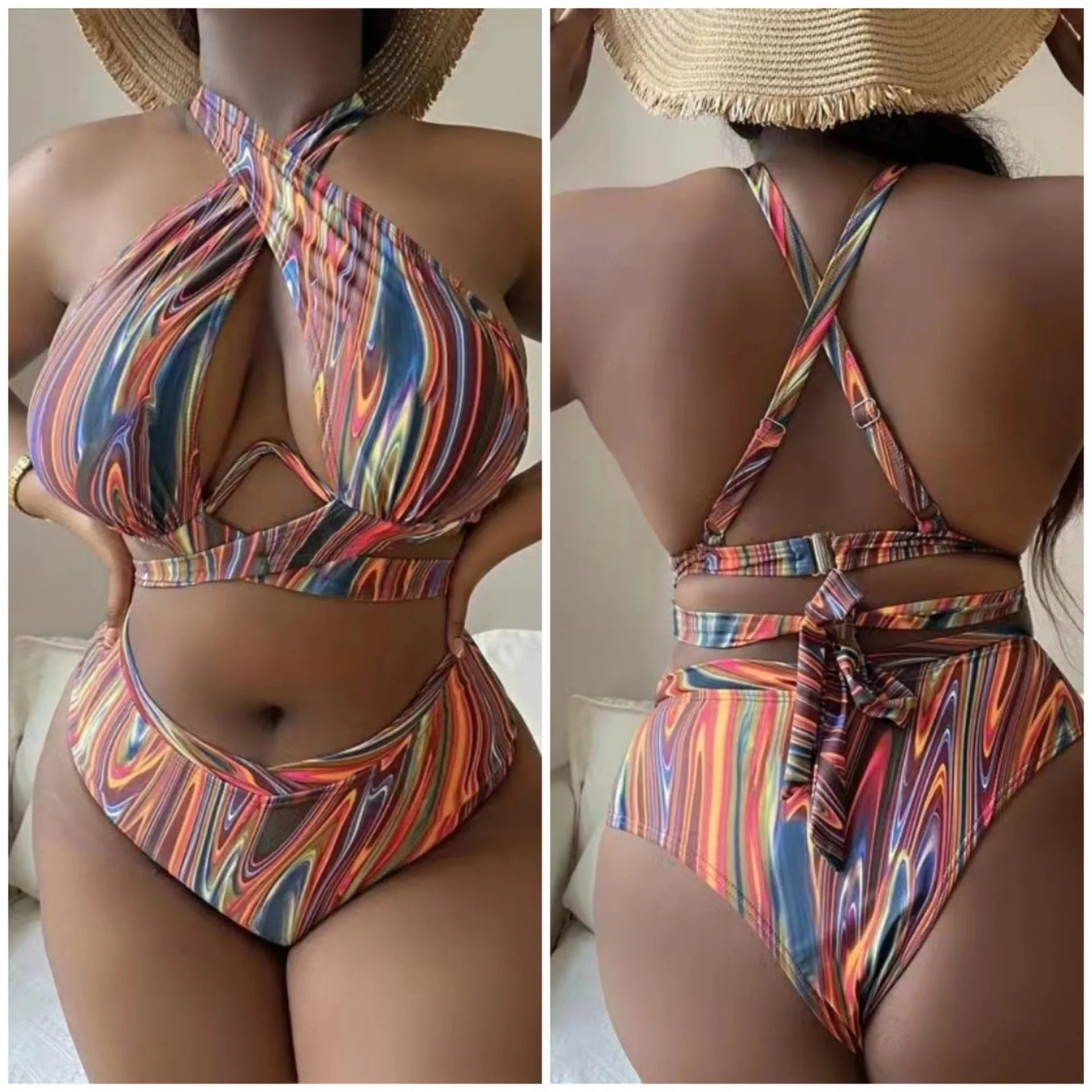 Women's plus size floral high waist bikini swimsuit in picture colour.