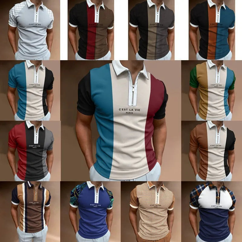 Men's summer polo shirt with zip detail and colour block design, milk silk blend, sizes S to XXXL