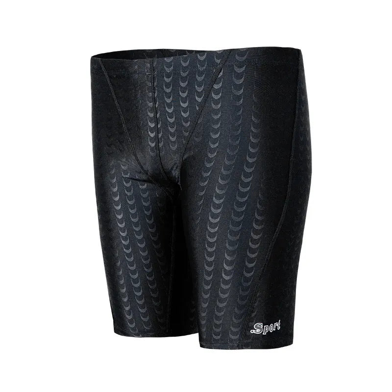 Men's solid colour waterproof polyester swimming trunks on a size chart showing XL, XXL, 3XL, 4XL.