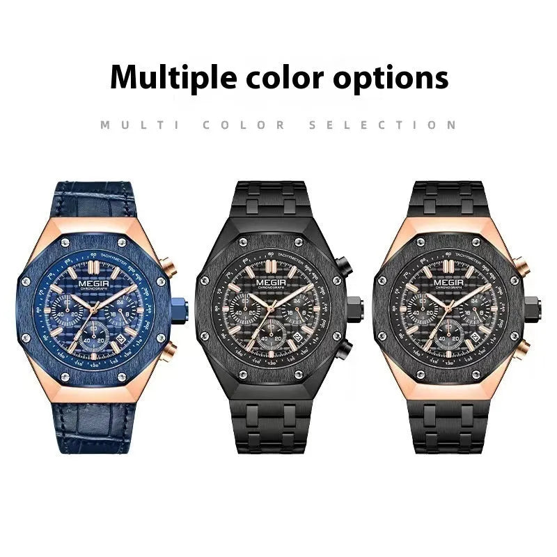 Multifunctional waterproof quartz men's watch with steel belt in three colour options