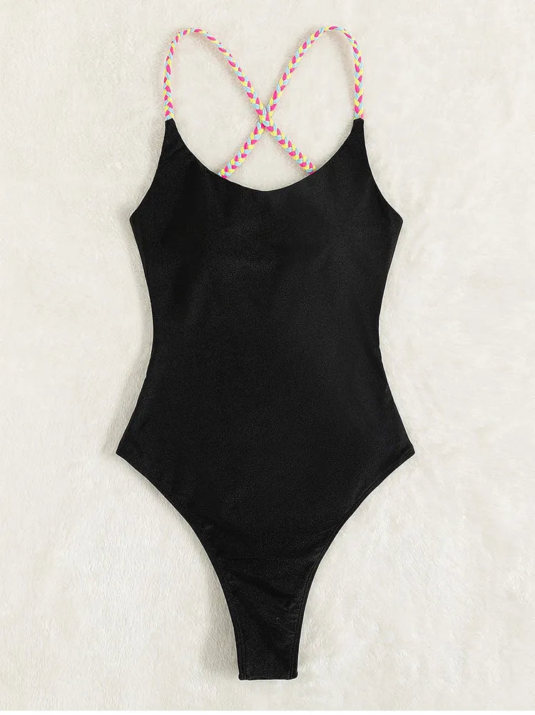 Black backless one-piece swimsuit for women made from nylon fabric