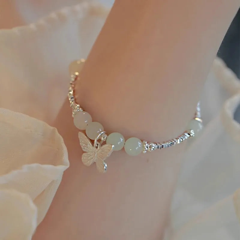 Hetian jade bracelet and necklace set for women with silver butterfly charms on electroplated copper chains