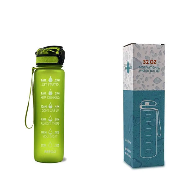 Blue and red gradient 1-litre Tritan sports water bottle with time markers and a black bounce cover lid.