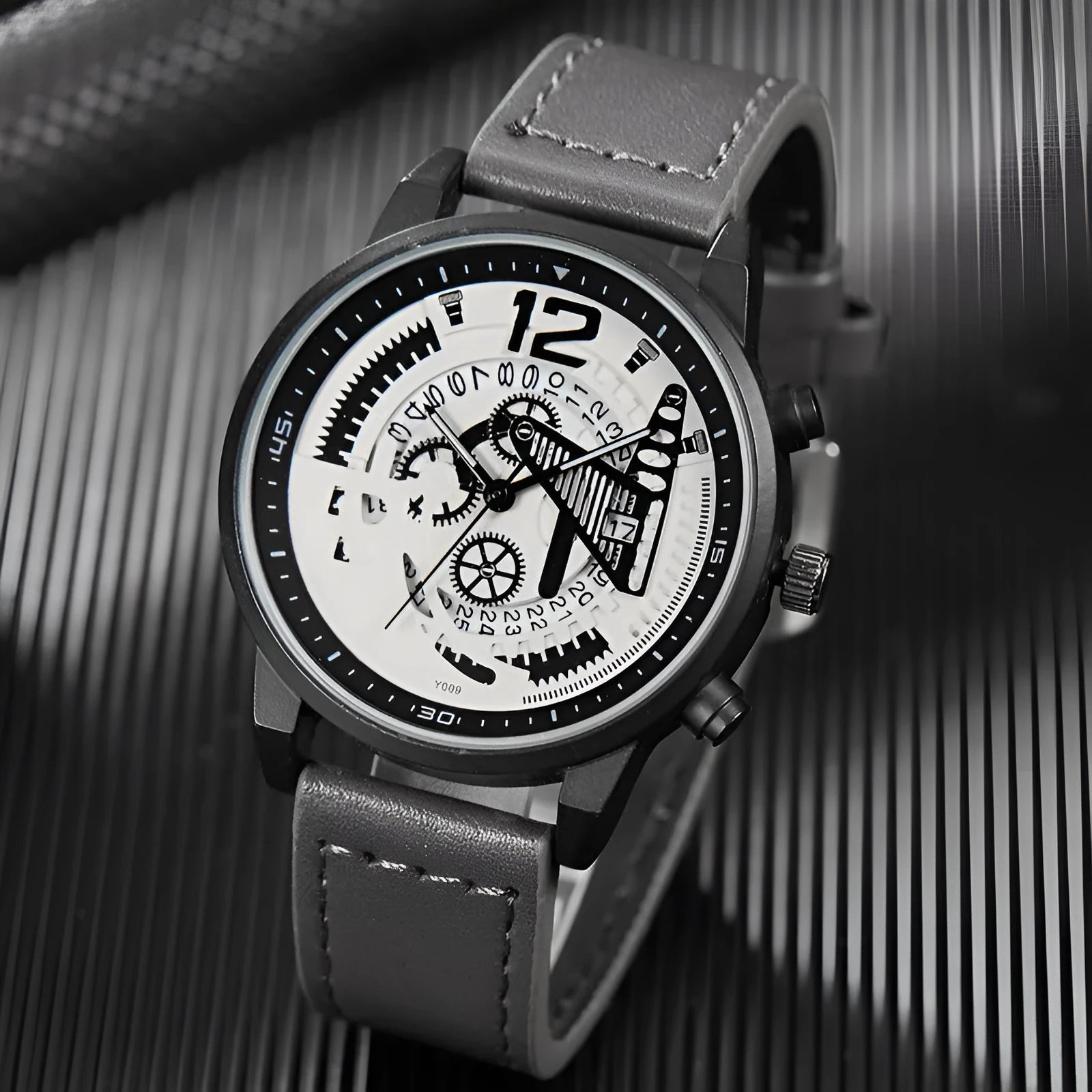 Men quartz watch with hollowed-out dial and calendar, 11mm thickness, black colour