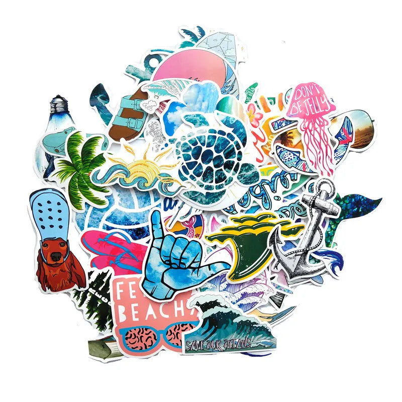 50 PVC beach series graffiti stickers with cartoon doodle designs on smooth surfaces