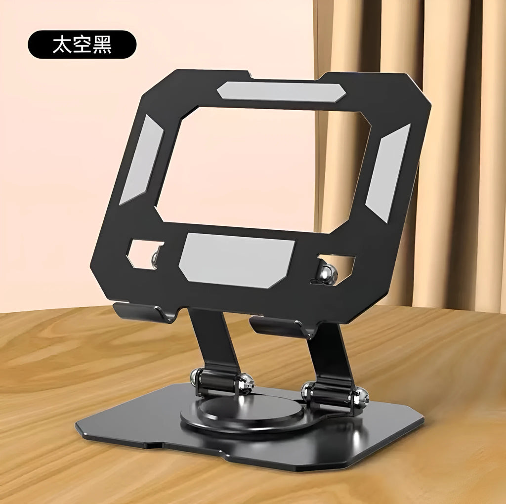 Black height-adjustable foldable laptop stand with heat dissipation grid, supporting a laptop on a desk