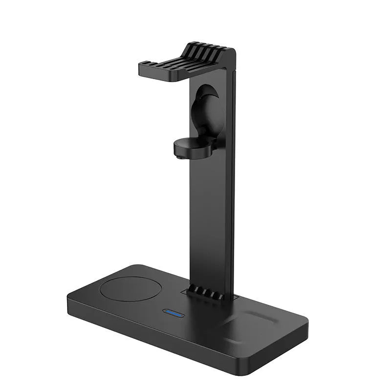 Matte black wireless charging station with three charging pads for mobile phone, smartwatch and headphones