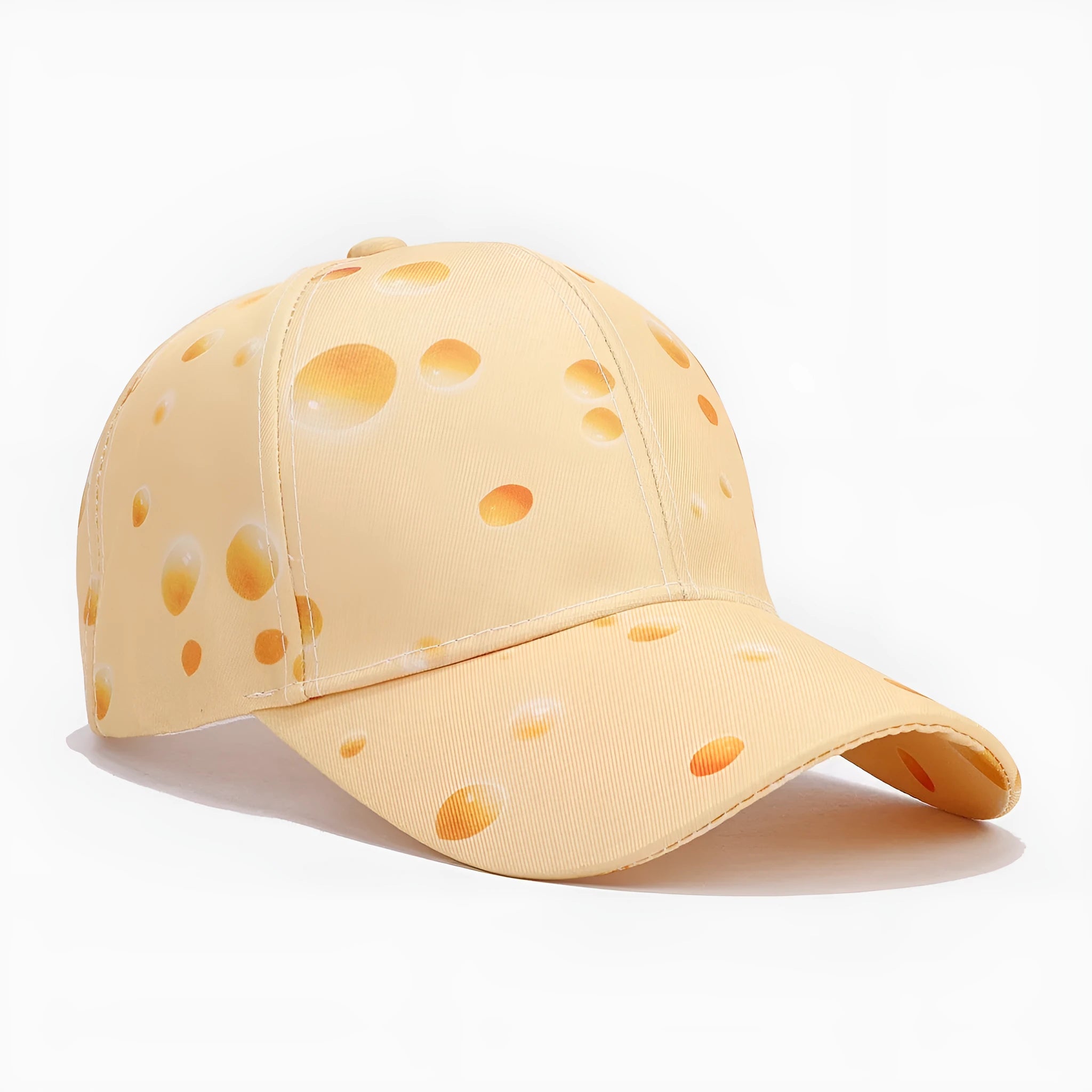 Cheese pattern printed peaked cap with adjustable strap and dome crown