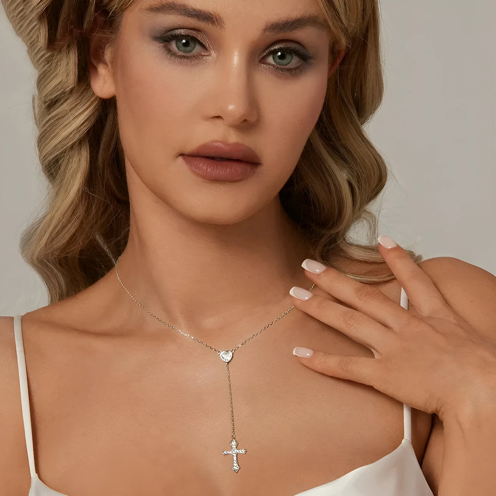 Women's silver V-neck love cross necklace with O-ring chain in BSN384 colour