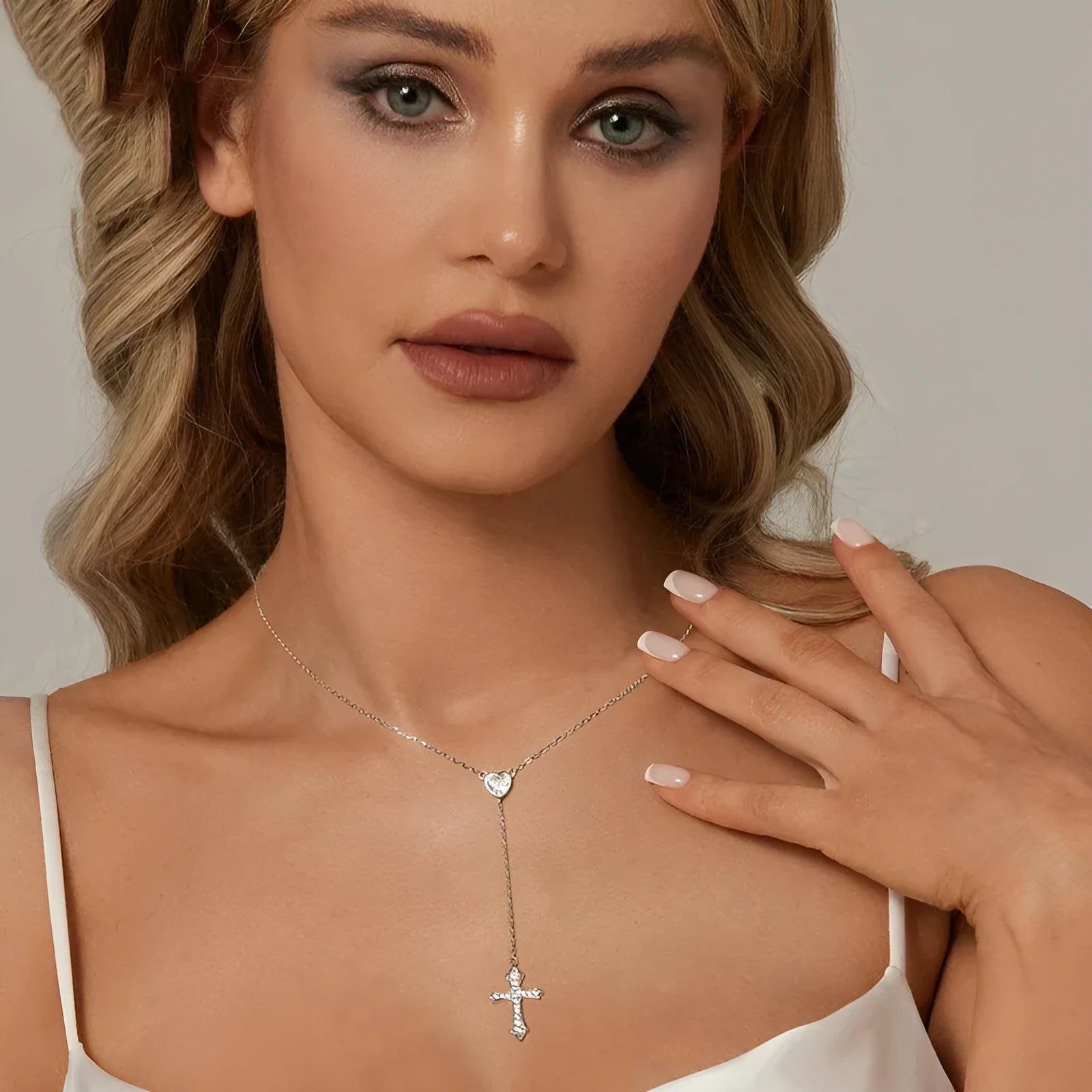 Women's silver V-neck love cross necklace with O-ring chain in BSN384 colour