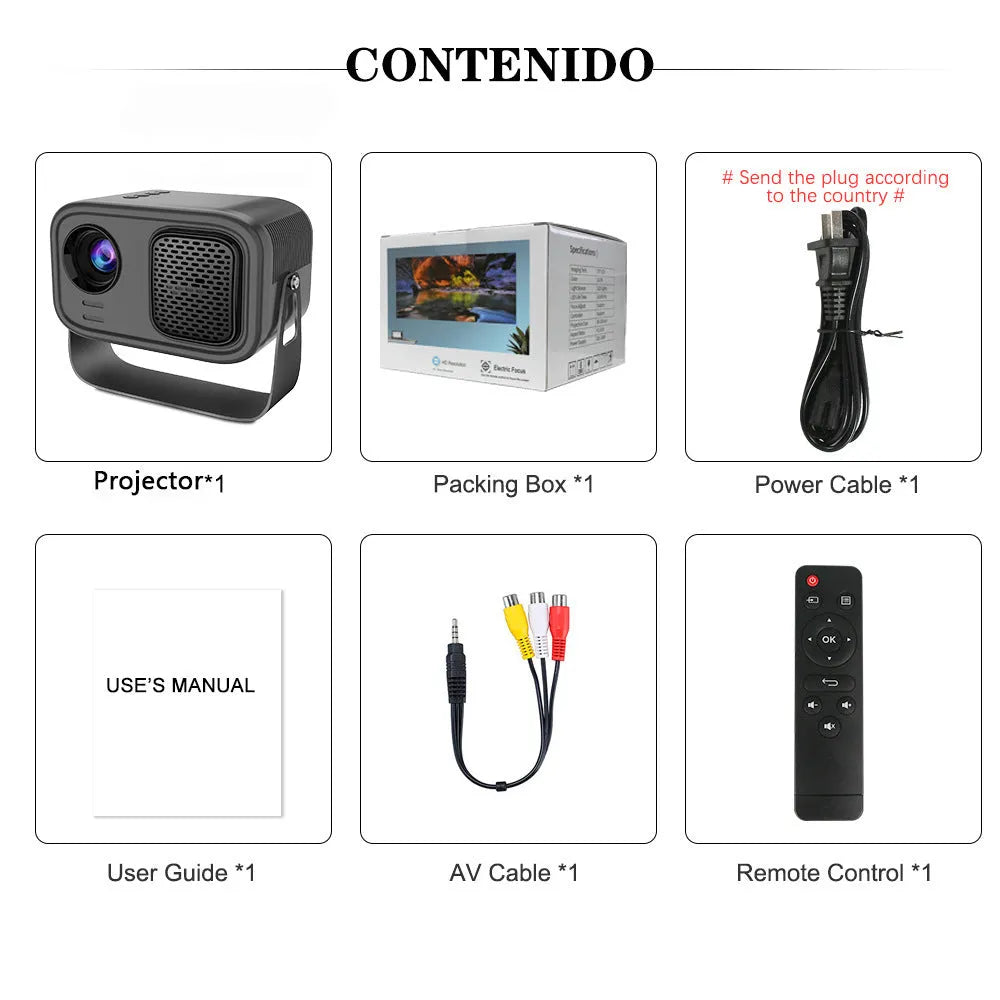 Black portable HD projector with Android system showing presentation on wall