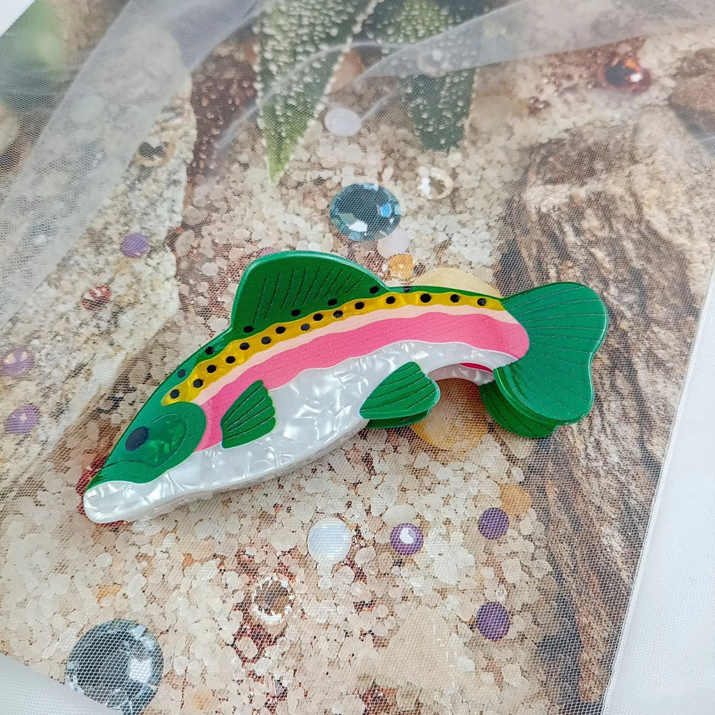 Dark green PVC hair clip with rainbow trout design and carp decorative elements