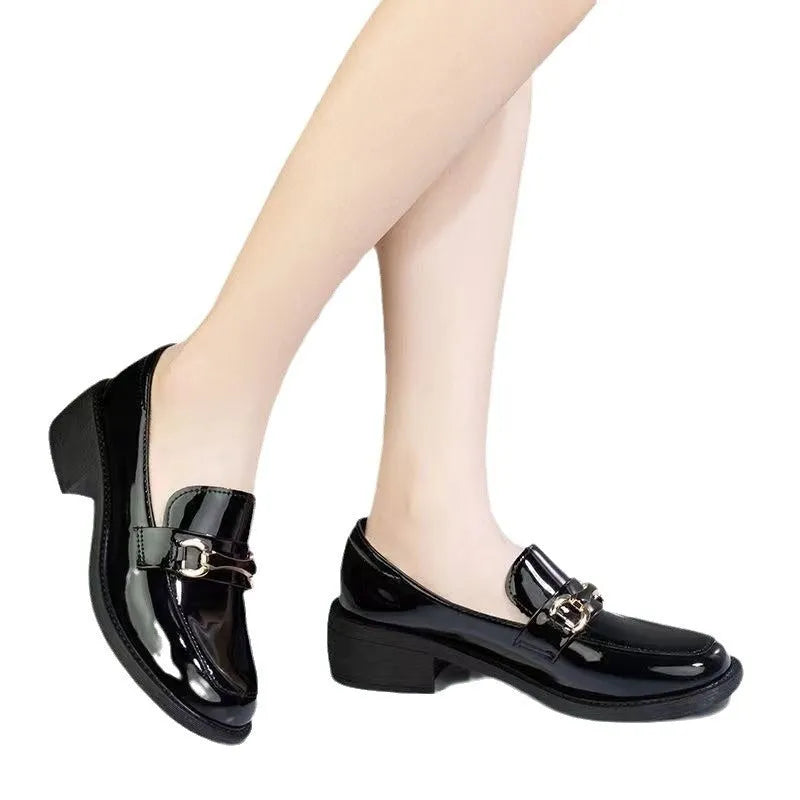Dark green glossy women's loafers with chunky mid heel, metal buckle, and round toe, sizes 35-40.
