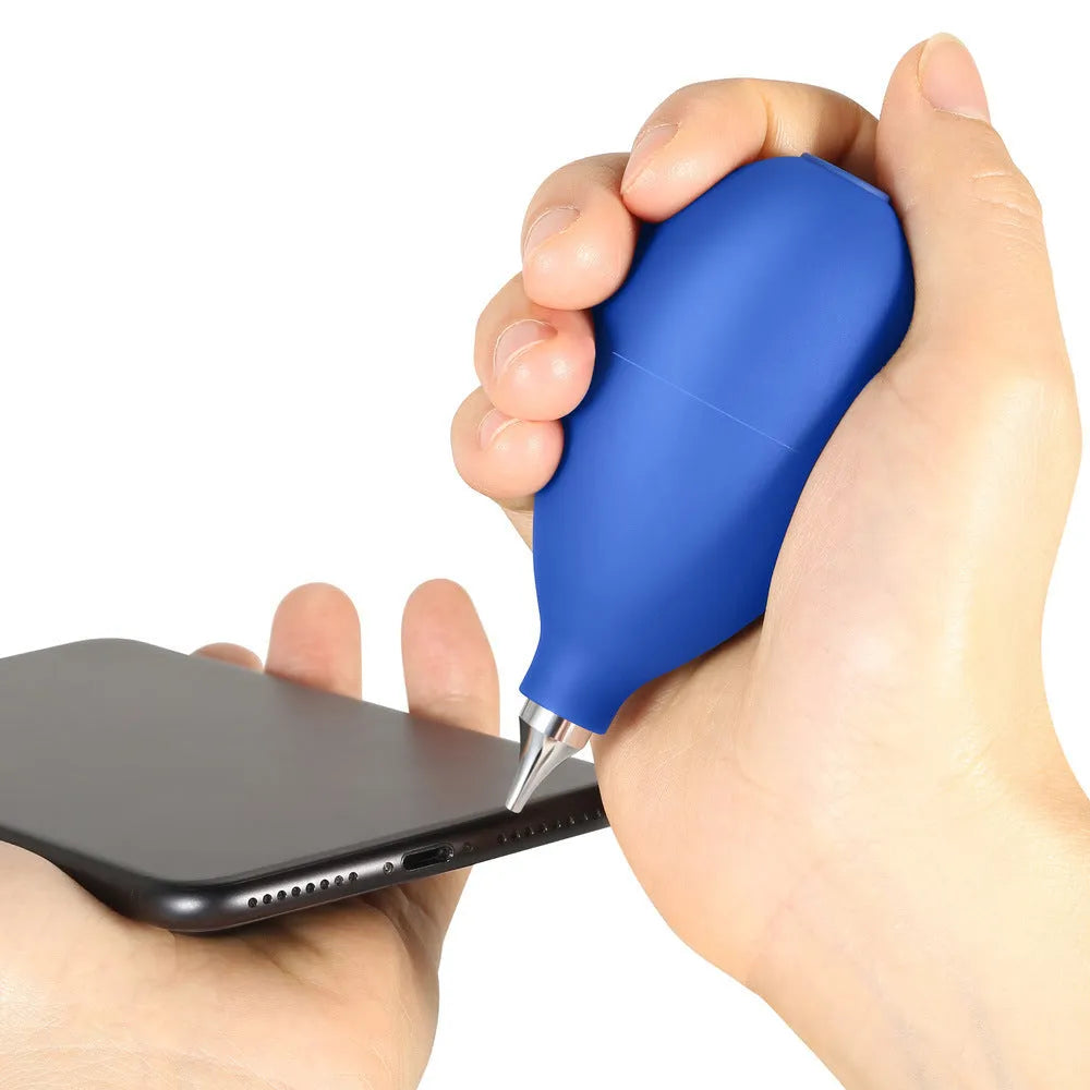 Blue and black rubber handheld air blower for dust removal on cameras and phones.