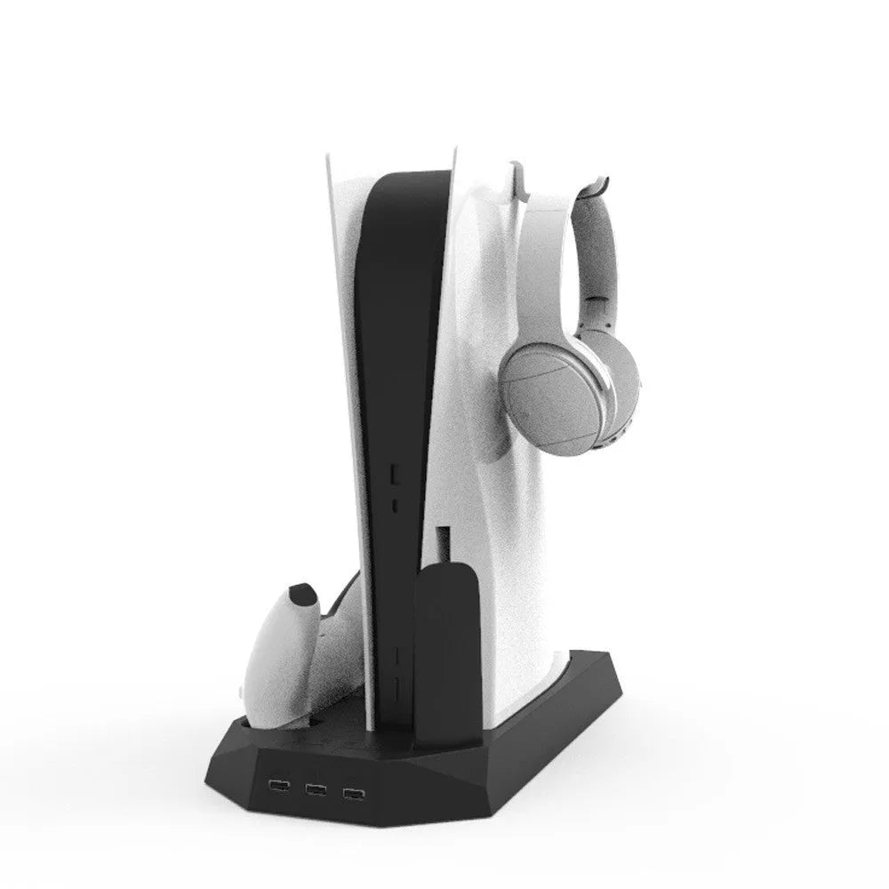 PS5 charging base radiator stand in black with controller dock and headset hook