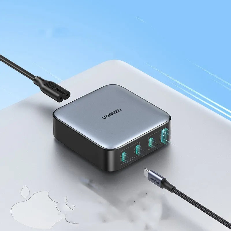 Compact 100W Gallium Nitride multi-port USB charger head with a charging cable