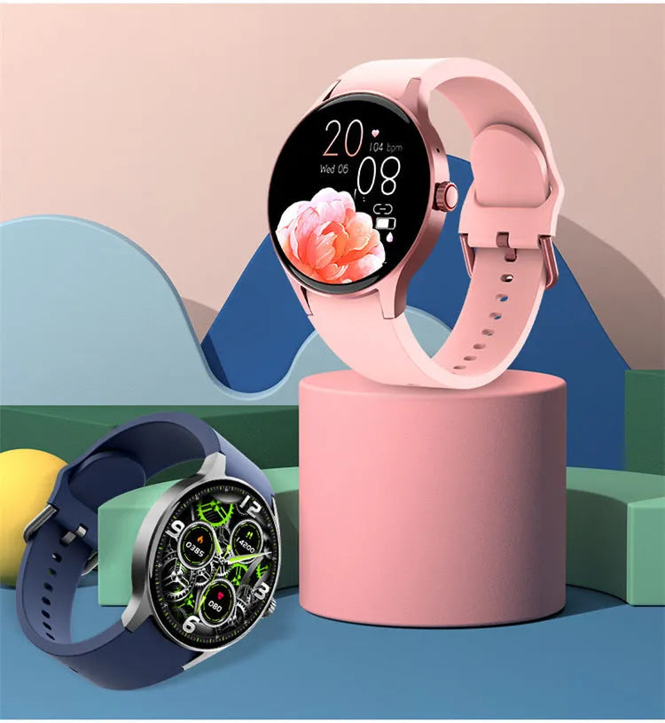 Smart Bluetooth sport watch with round display showing fitness metrics on black, blue, pink and red coloured variants