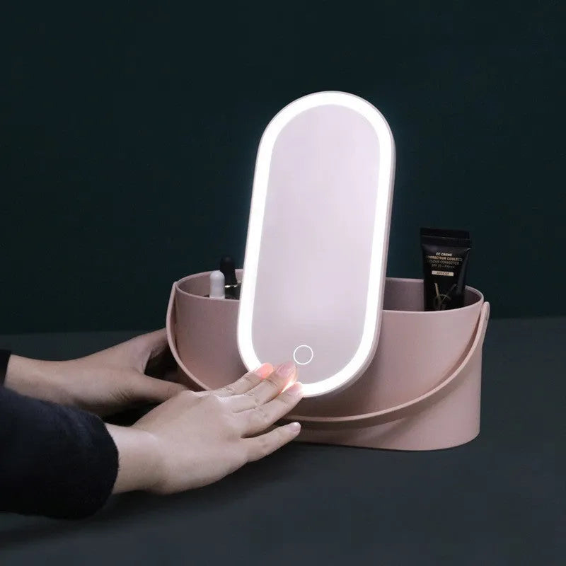 Portable pink and white makeup mirror with storage box and aluminium mirror lens