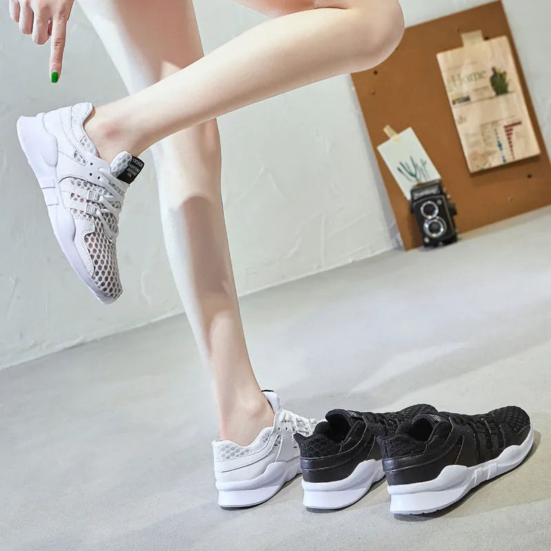 Casual low-top mesh sneakers with hollow breathable design in black and white colour options