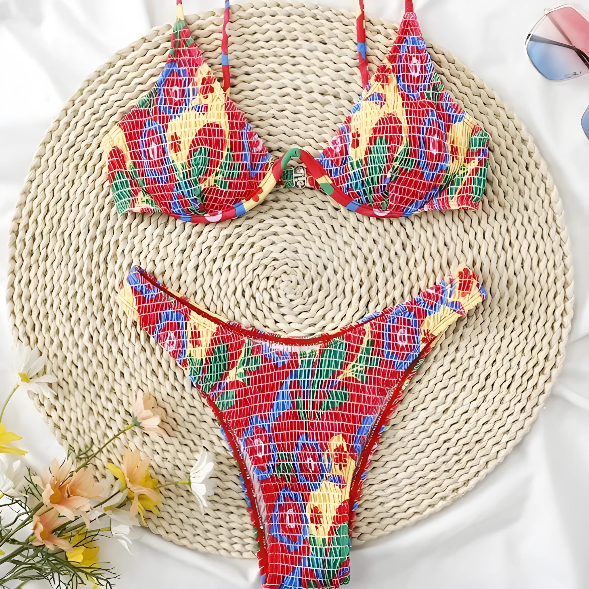 Red floral pattern women's underwire triangle bikini swimsuit with briefs, shown on a model.