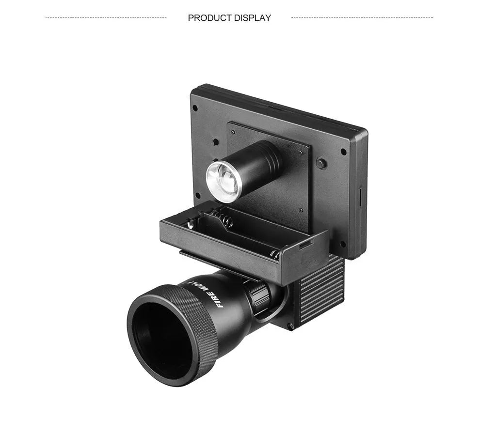 Black digital night vision monocular with lens and 4.3-inch screen, shown with two 18650 batteries.
