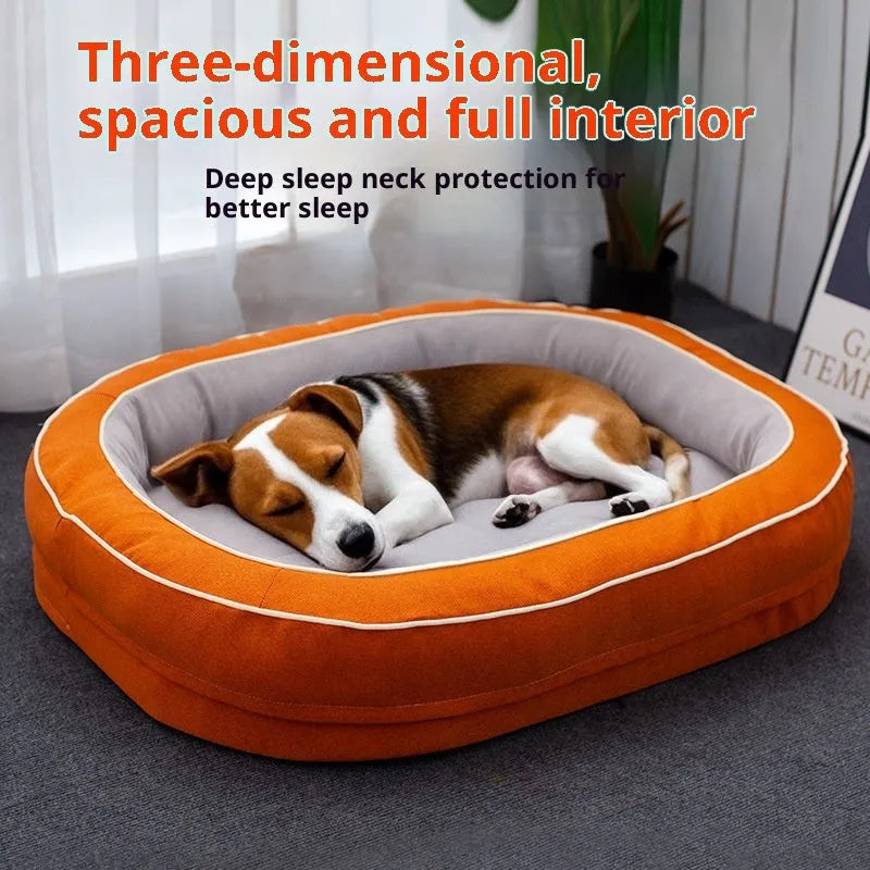 Oval removable cloth pet bed for dogs in green colour with visible stitching