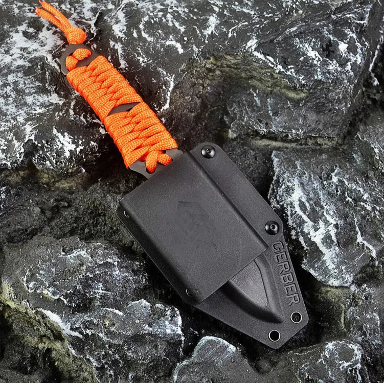 BG197 fixed blade camping survival knife with straight blade, rope-wrapped handle, and black ABS plastic sheath.