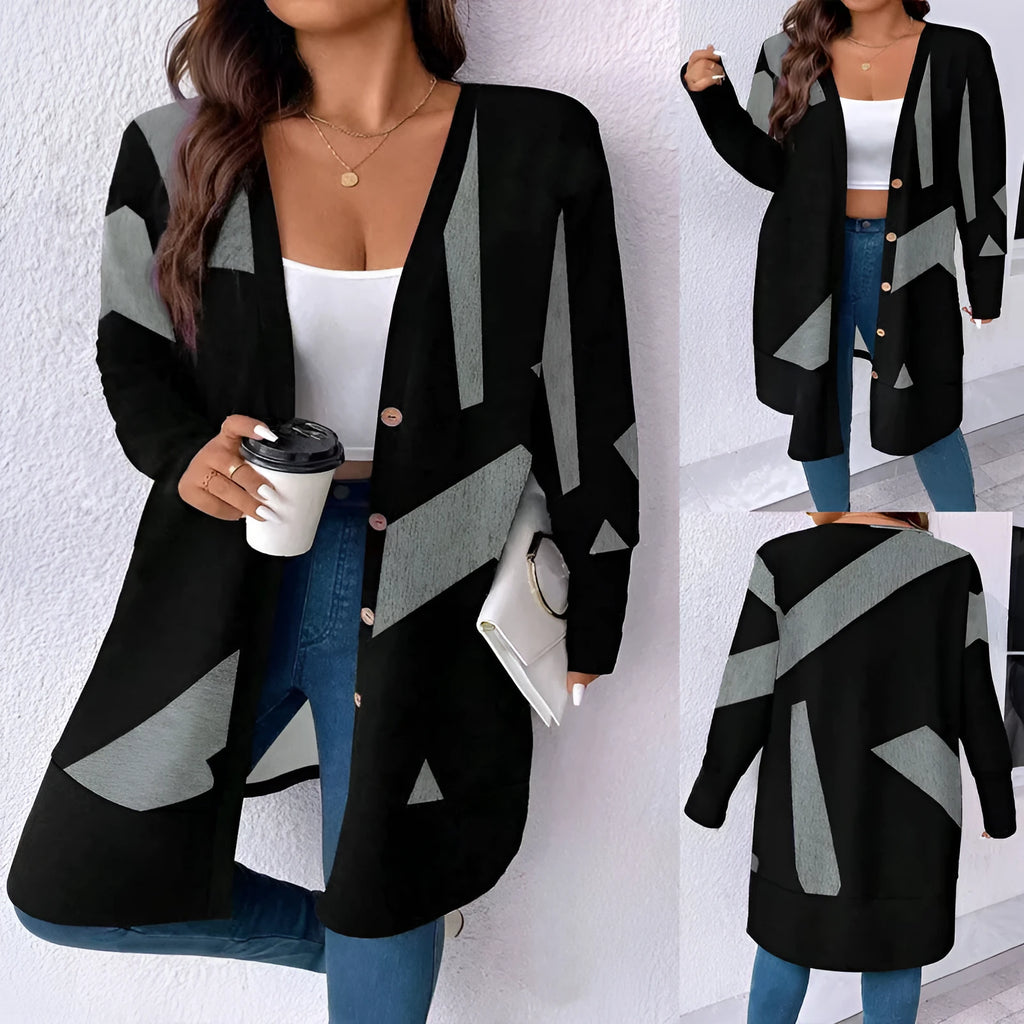 Black loose fit plus size cardigan coat with button stitching print detail