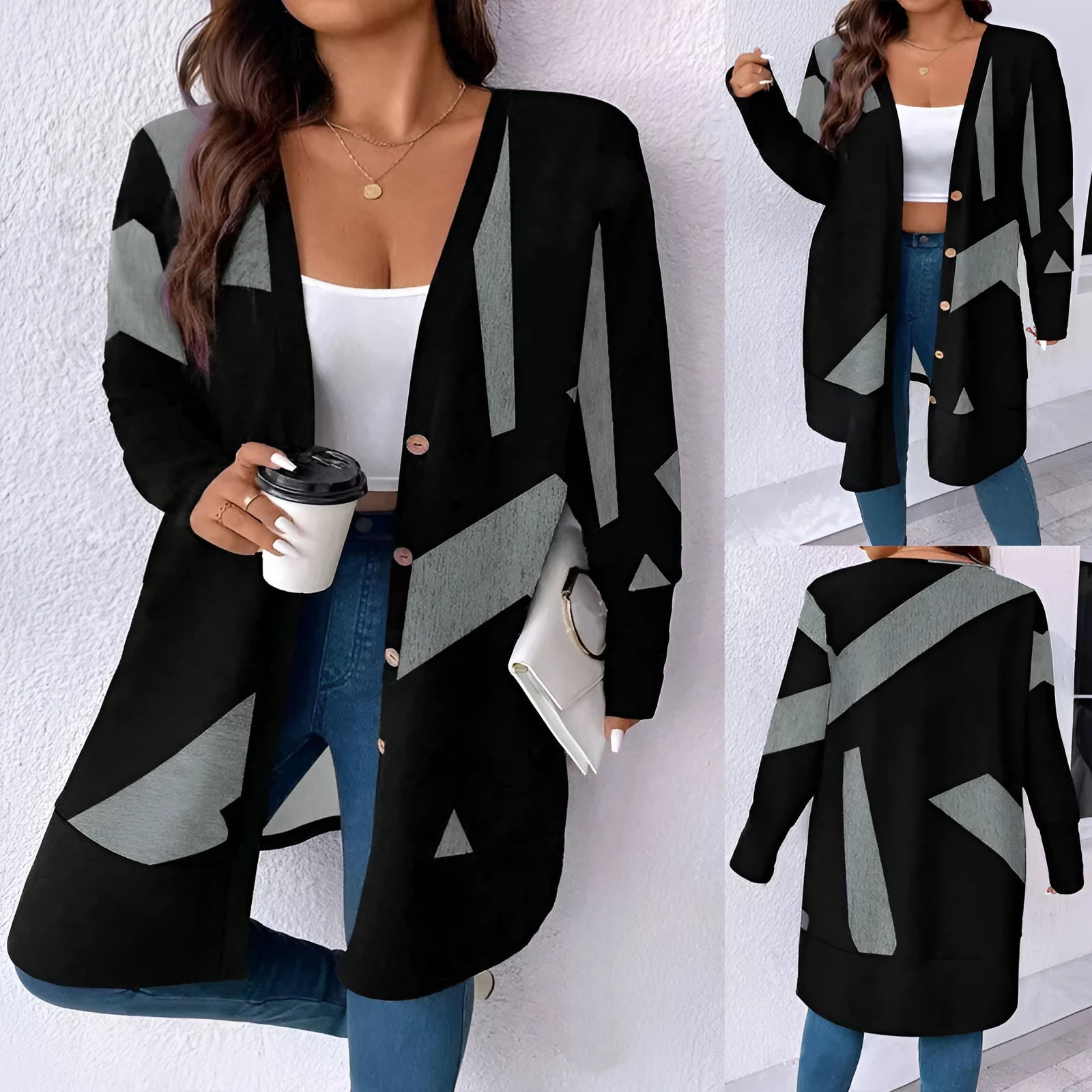 Black loose fit plus size cardigan coat with button stitching print detail