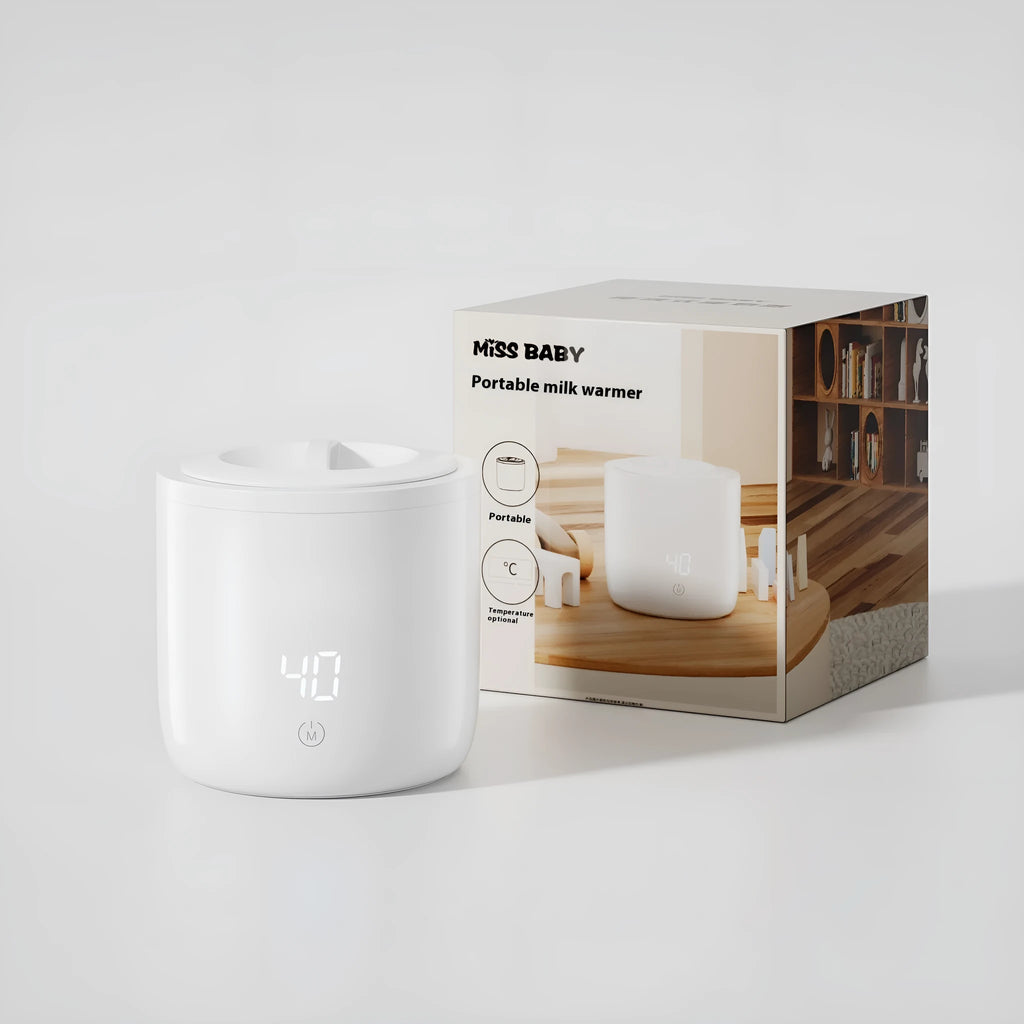 White two-in-one milk warmer with stainless steel chamber and USB charging cable for baby bottle heating