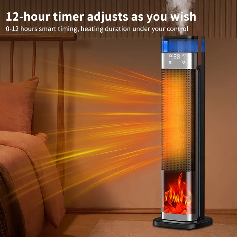 Slender vertical ceramic heater with humidifier and voice control, shown with remote.