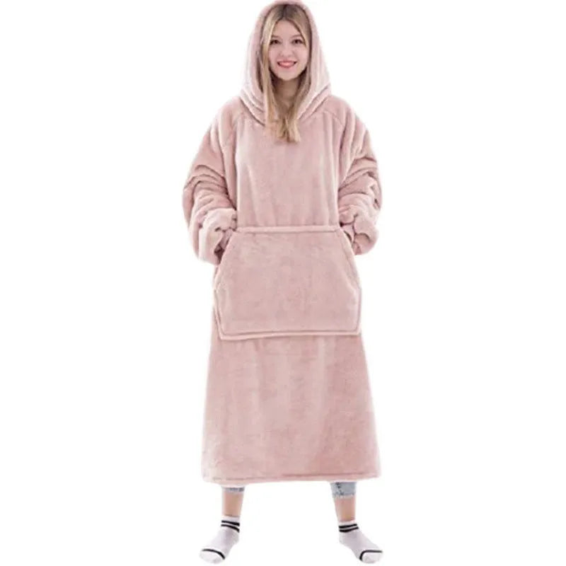 Flannel thick warm blanket hoodie for women in gray, long loose pullover with pockets