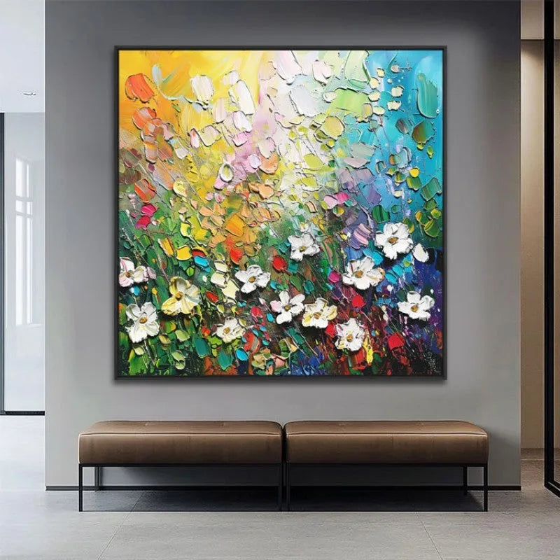 Handmade abstract thick oil 3D palette knife flowers painting on square canvas, hand-drawn oil painting art for living room