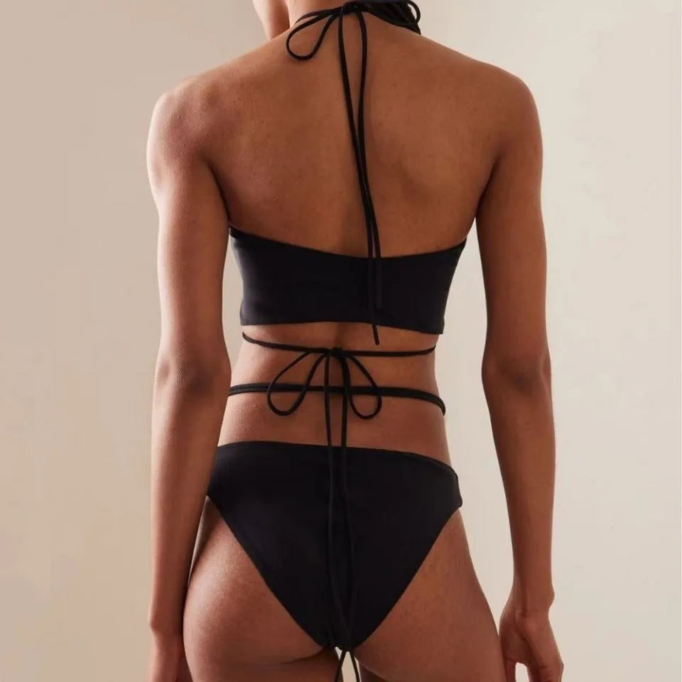 Women's black split lace-up bikini swimsuit with quick-drying nylon fabric