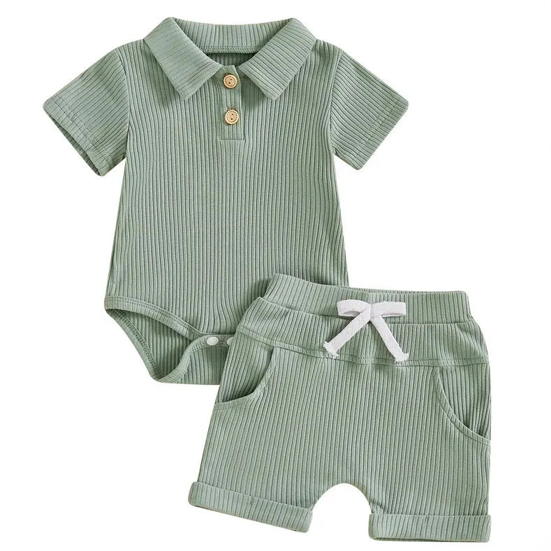 Boys' Kazakhstan suit two-piece set with letter-print short-sleeved shirt and shorts in army green or navy blue