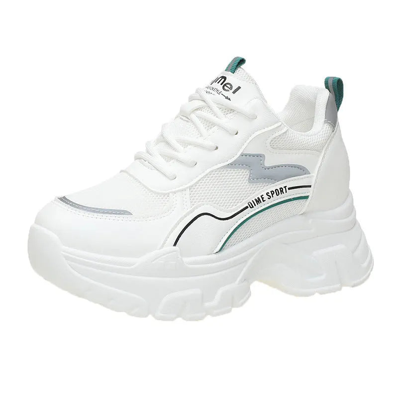 Women's white breathable height increase trainers with lace-up front and cross shoulder straps