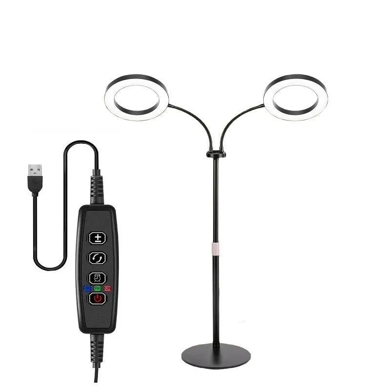 Pearl White floor-standing angel ring LED grow light with retractable pole next to indoor plants.