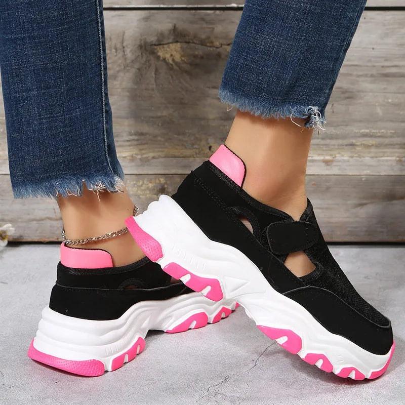 Women's mesh sport shoes with flat heel round toe Velcro closure in red black and blue colours