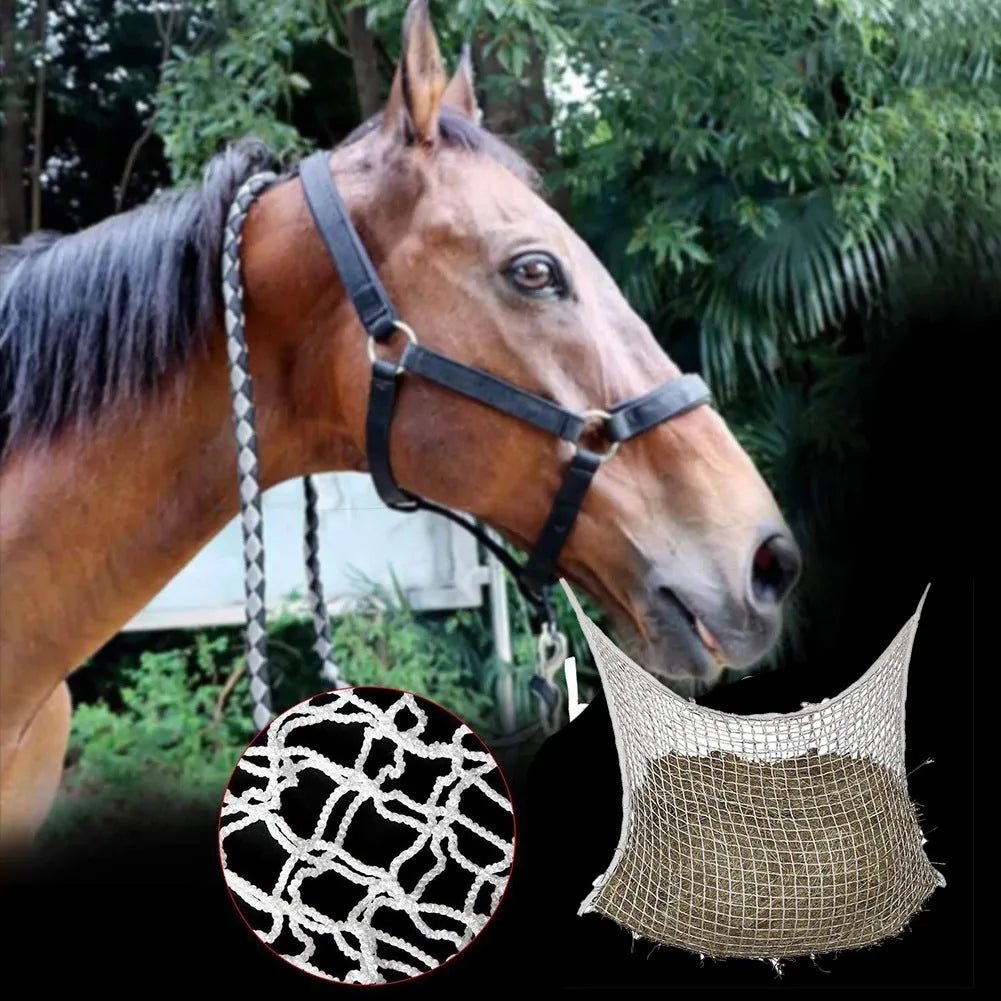 Black woven PE rope hanging feeding bag for horses, showing grid weave and hanging straps.