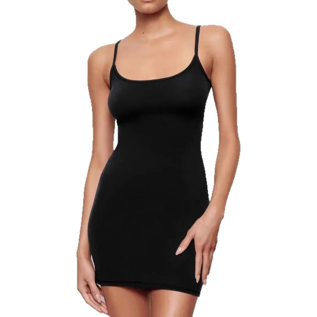 Black polyester sling dress with sheath silhouette and mid waist