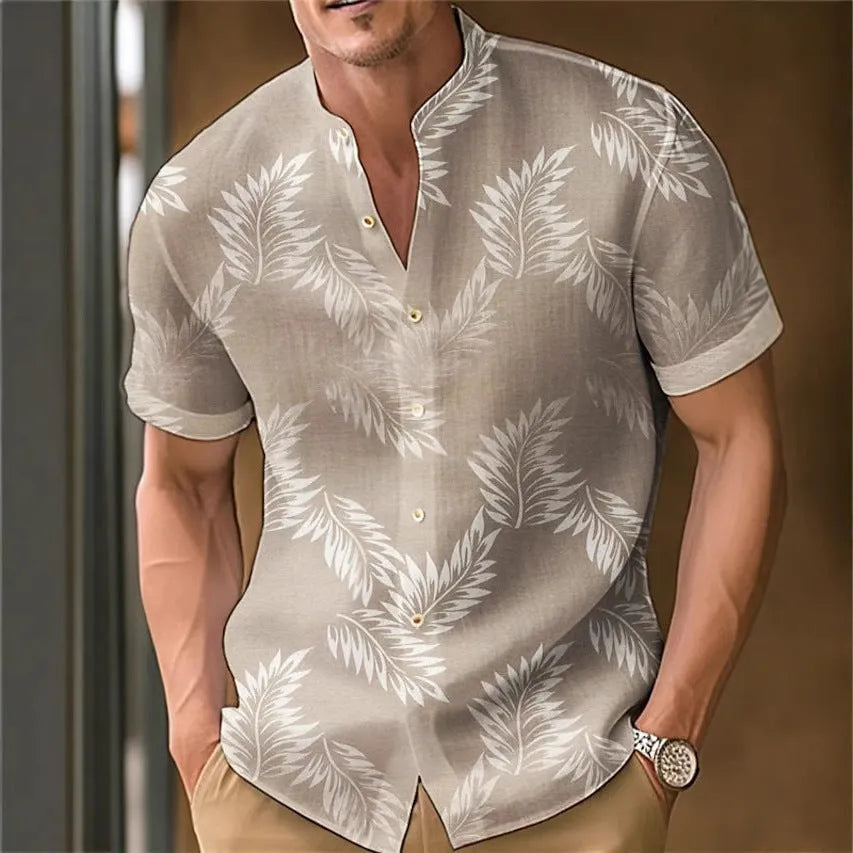 Men's printed casual polyester shirt shown in one of eight available colours.