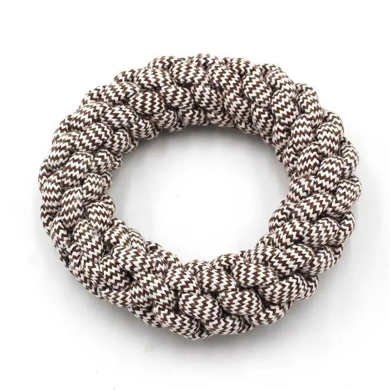 Braided cotton ring pet toy measuring 18cm in diameter