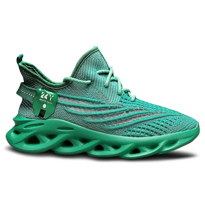 Men's blue breathable mesh casual sneakers with a platform sole on a white background.