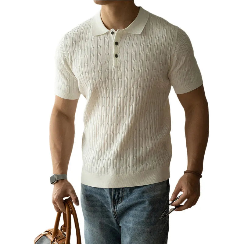 Man wearing a khaki short-sleeve business casual top, showing slim fit and fabric texture.