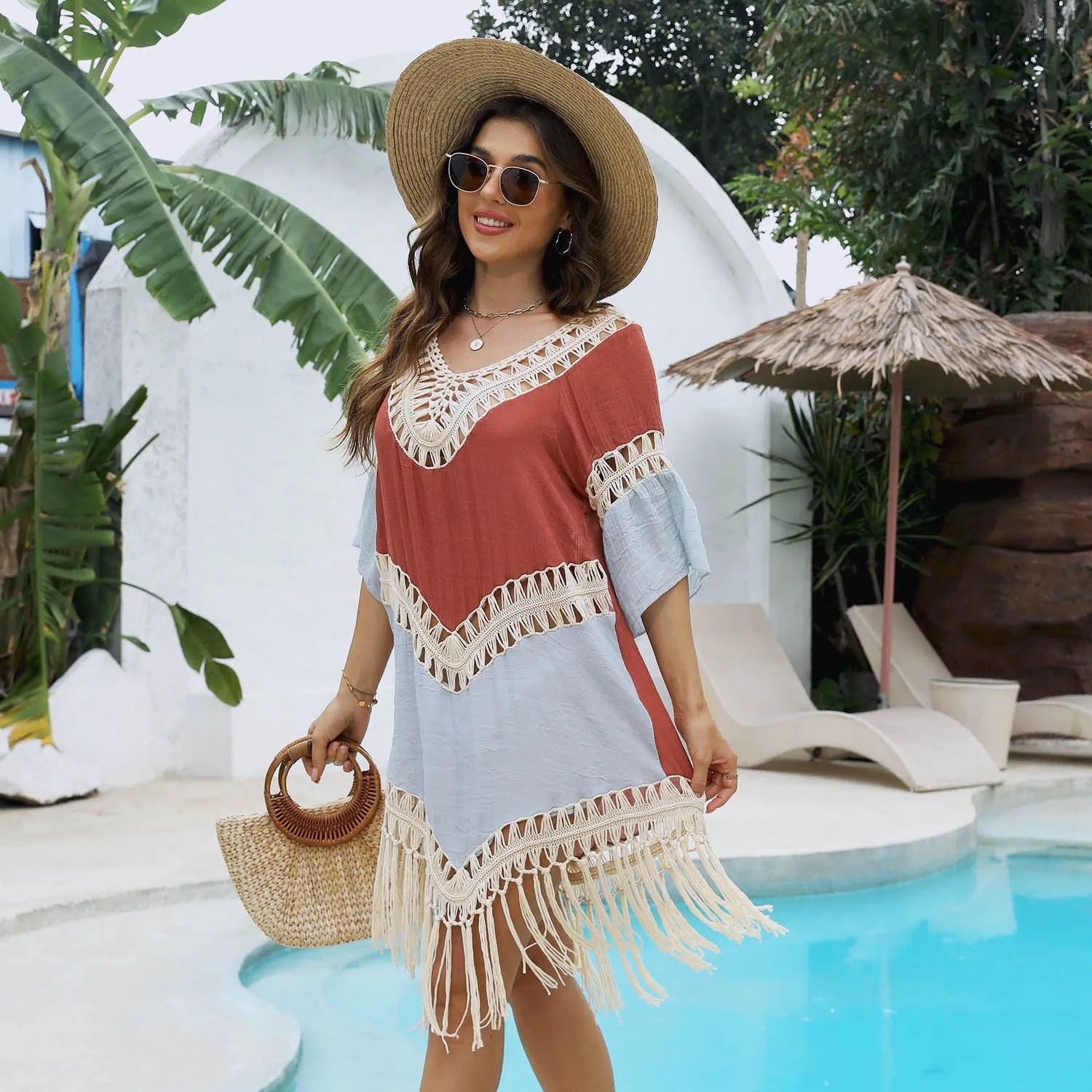 Orange beach overskirt with hand crochet stitching, bamboo cotton tassels, and floral pattern